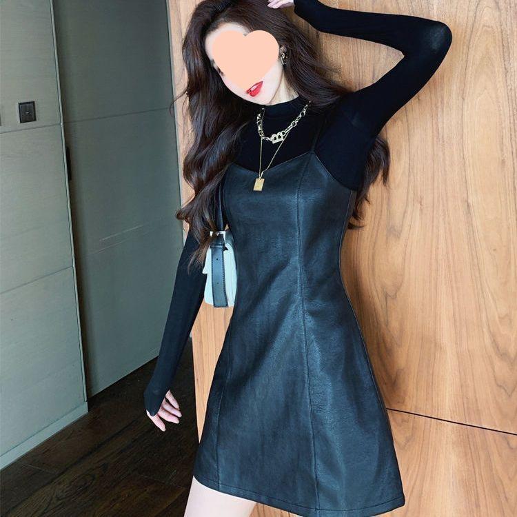 Φθινόπωρο 2025 Δερμάτινο Σετ Τοπ και Φούστα: Φόρεμα Σύσφιξης Υψηλόμεσο με Μπλούζα Βάσης Μακρυμάνικη