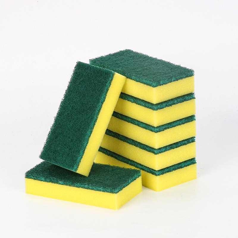 Double Sided Sponge Scouring Pads Green Scourer Yellow Sponge Kitchen Bathroom Dish Cleaning Sponge Blocks 8 Pack Bulk Household Scrub Sponges 14×7×3cm/pc, 8pcs/box