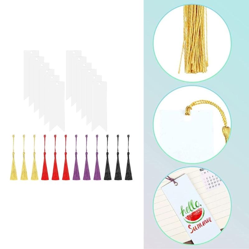 12 Pcs Blank Bookmarks Set Rectangular Acrylic Bookmarks with Colourful Tassels Clear Bookmarks for Handmde Projects