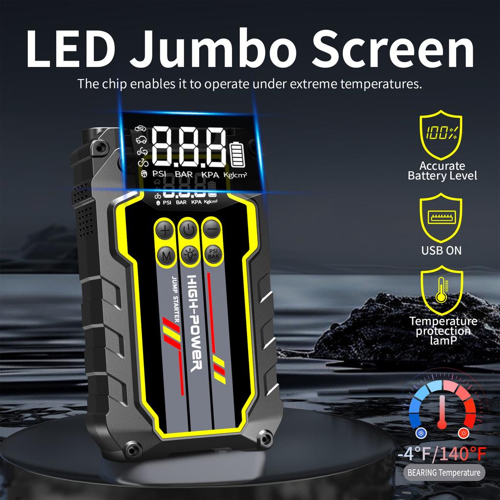 5-in-1 Car Jump Starter with Air Pump 2000A Portable Car Battery Starter 150PSI Tire Inflator 10000mAh Power Bank