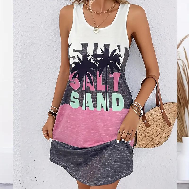 Women's Coconut Tree Printed Sleeveless Round Neck Dress Loose Soft and Comfortable Plus Size Dress