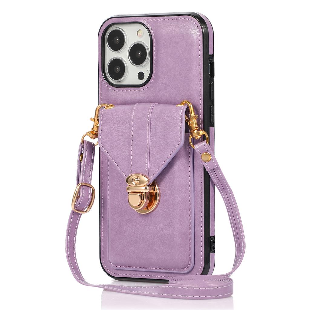 For iPhone 16 Pro Case Card Holder Kickstand PU Leather+TPU Phone Cover with Shoulder Strap
