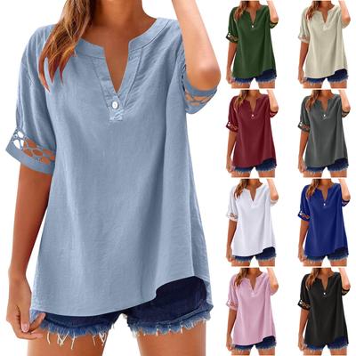 Damen Baumwolle Leinen Hemden Sommer Trendig Kurzarm V-Ausschnitt Oberteile Lockerer Sitz Urlaubs T-Shirts Freizeit Strand