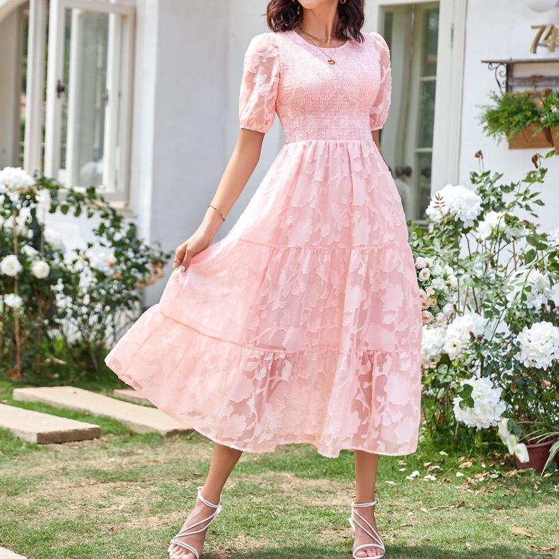 YYFS Women's Fashion Summer Spring Solid Color Print Short Sleeve O-Neck High Waist Casual Dresses