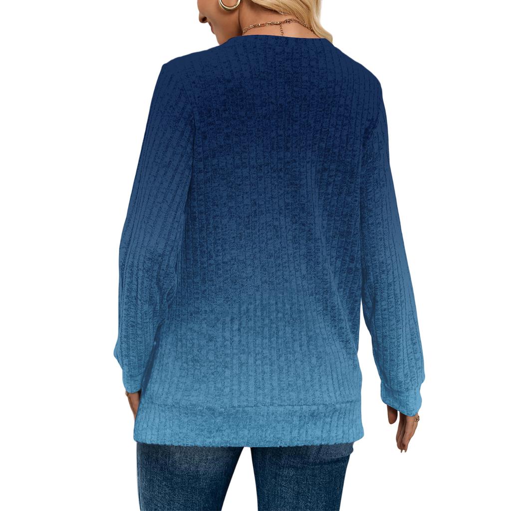 Women's Fashionable Oversized V-Neck T-Shirt With Gradient Print Long-Sleeved Pullover Top
