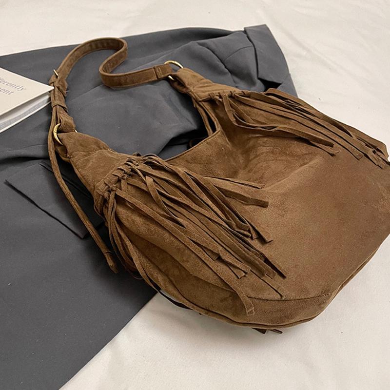 Large Capacity Frosted Tassel Shoulder Bag Faux Suede Fringe Underarm Bag Travel Tote Handbag Female Shopping Bag