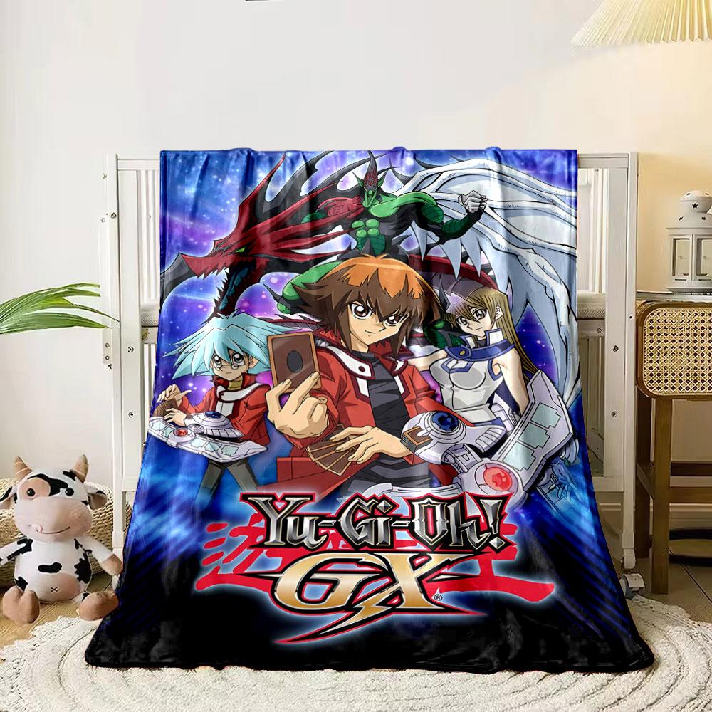 Anime characters posing with cards, duel disks, and dragon-like creatures. for all seasons blanket lunch break throw gift