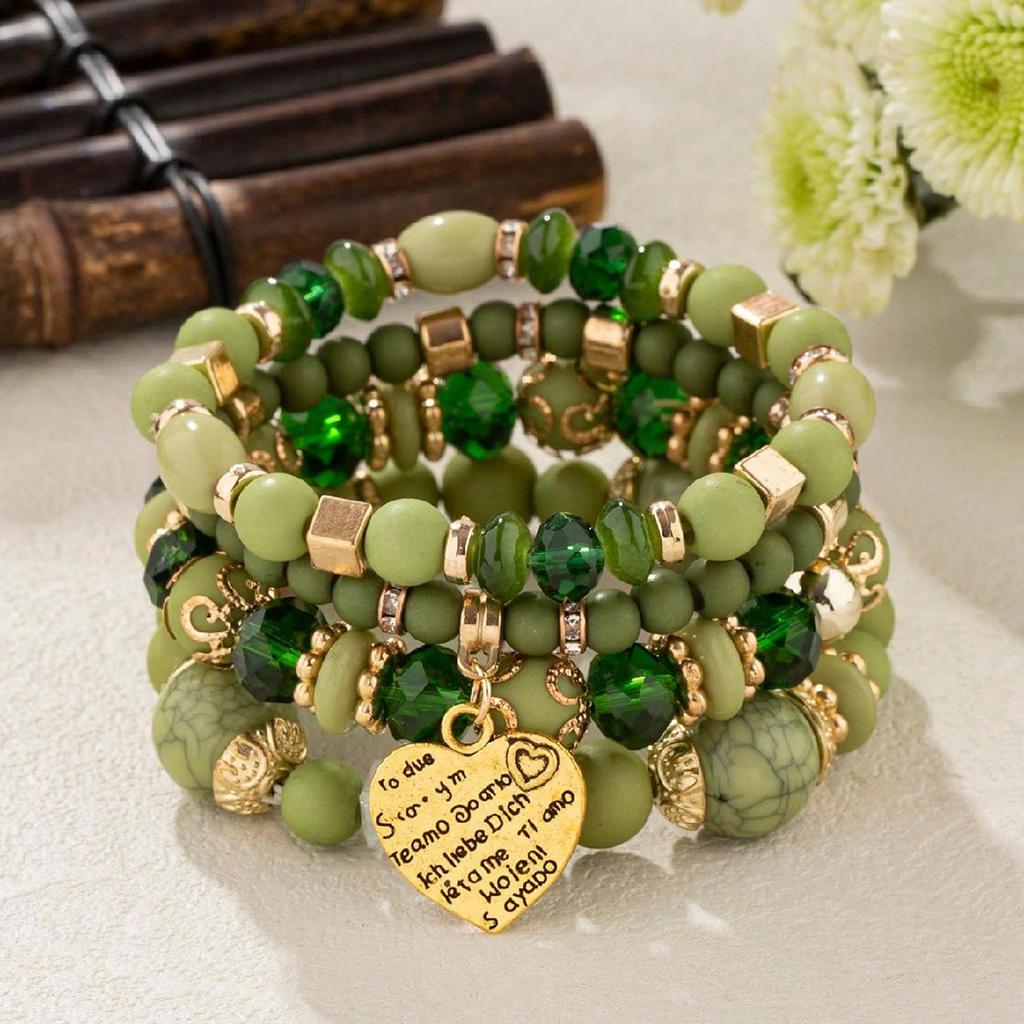 4Pcs Bohemia Acrylic Beaded Bracelet Set For Women Solid Heart Charm Elastic Chain Bangle Men Retro Daily Wear Jewelry Gift
