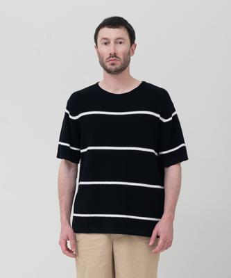 MANNERGRAM Striped Boat Neck 100% Cotton Short Sleeve Knit Black