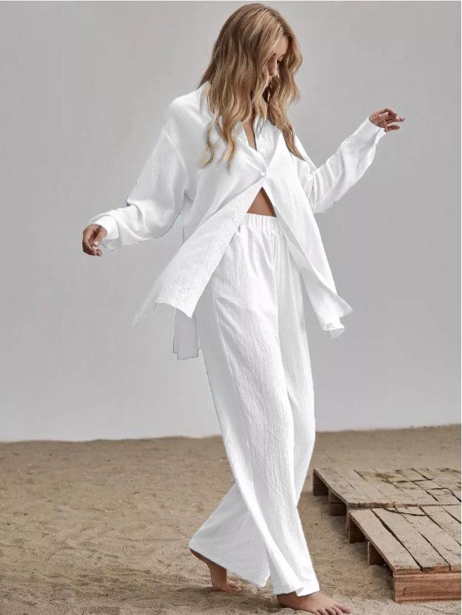 French Casual Two-Piece Loungewear Set: Relaxed Shirt and Pants for Women