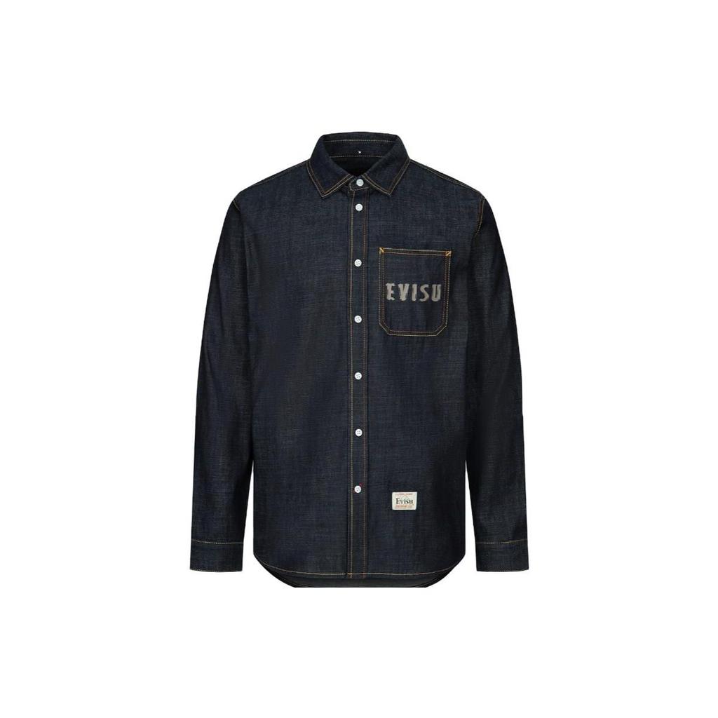 Evisu Kumadori Daruma Large M Print Regular Fit Denim Shirt Denim Jacket Men shirts Denim-Blue 2EAHTM3SL1041XXDN
