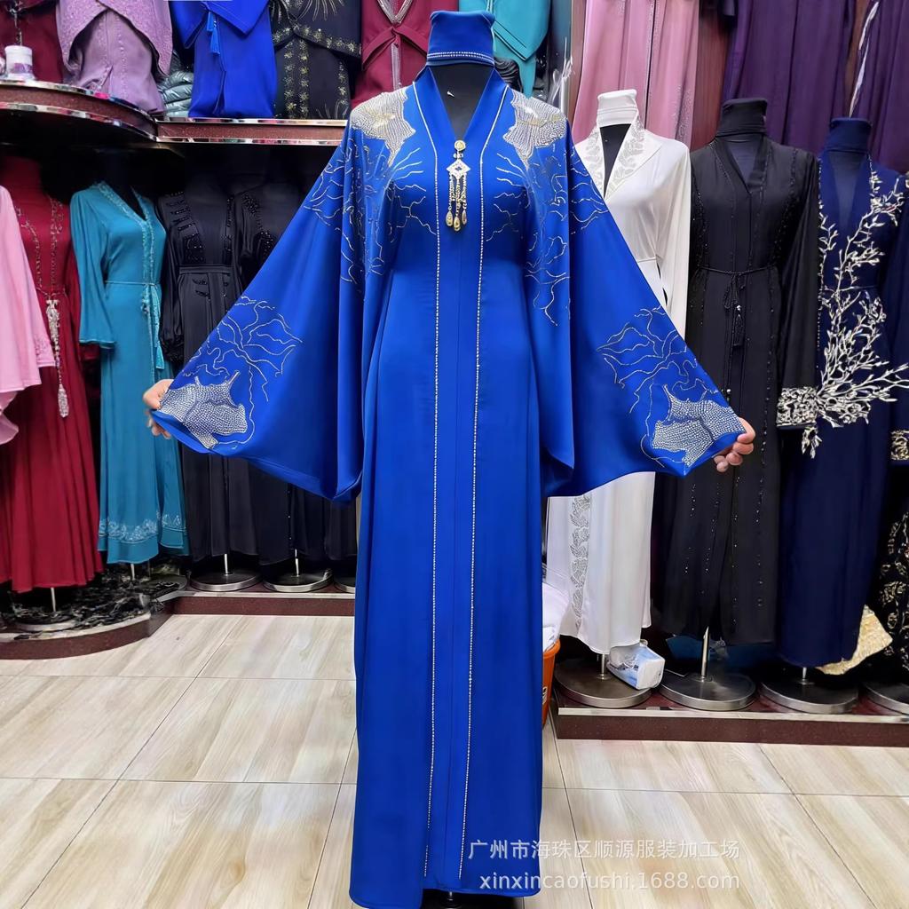 Damen Maxikleid mit langen Ärmeln, Rundhalsausschnitt, Lockerer Schnitt, Elegante Abaya, Langes Kleid mit Heißbohr-Verzierung