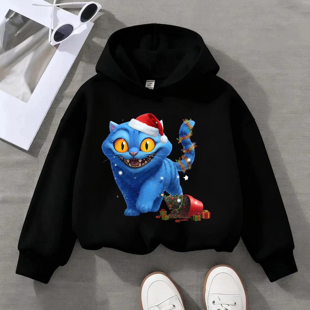 2025 New KPOP Christmas Blue Cat Printed Children's Sports Shirt Cute Children's Festival Hoodie