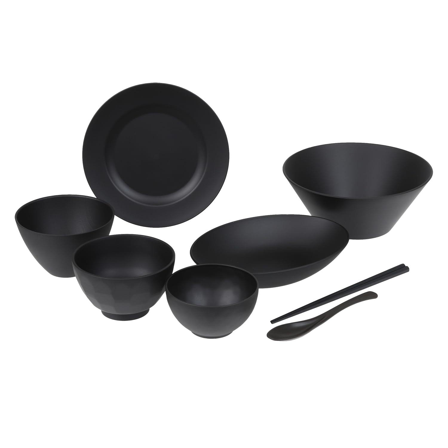 

Rebirth Natural Series 8-Piece Dinnerware Set with Chopsticks and Spoon, Black, Lightweight Plastic, Dishwasher and Microwave Safe (Black)