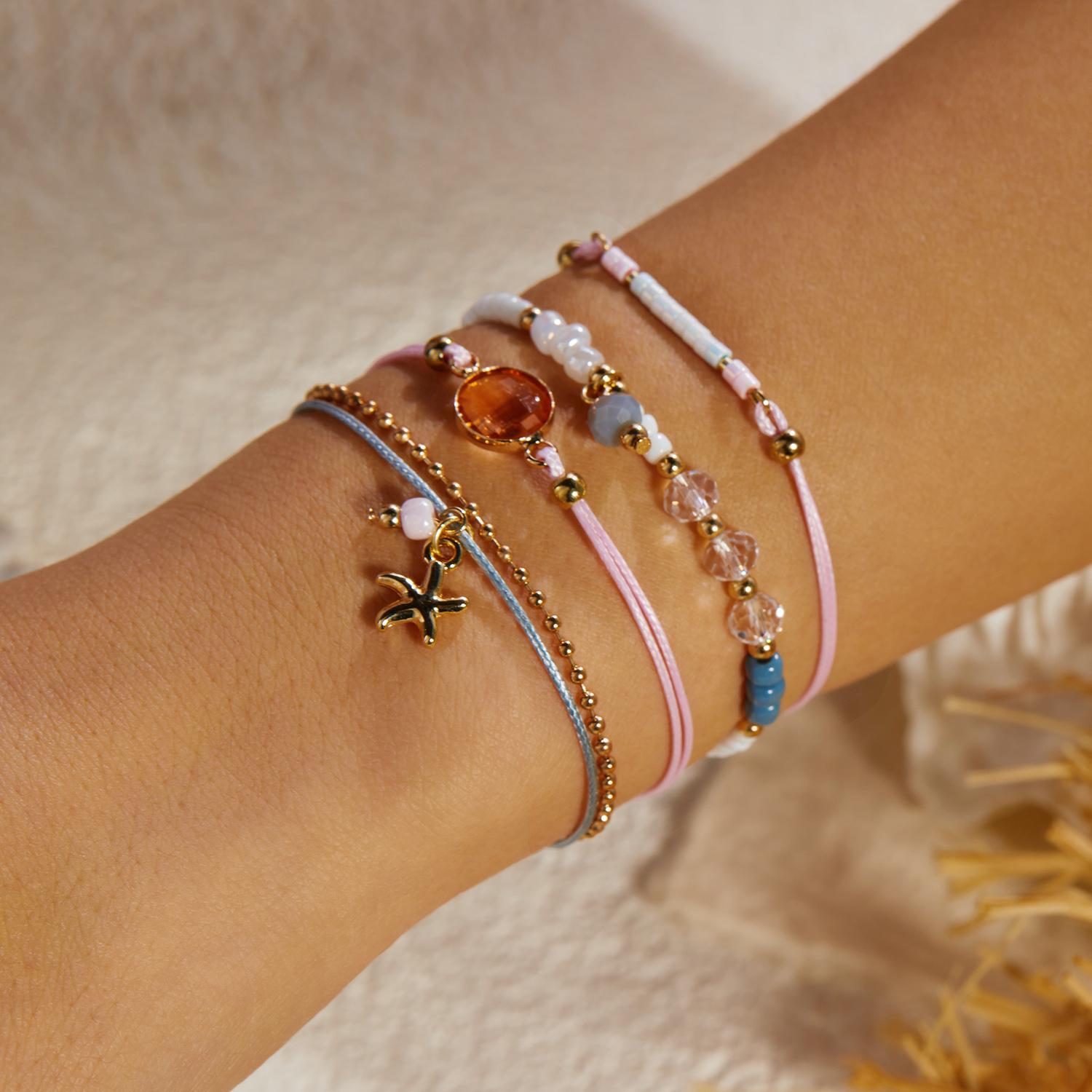 

4PCS/Set Sweet And Simple Pearl Star Crystal Bracelet Set for Ladies with Pink Rope Stacking Jewelry Hand Accessory Gift