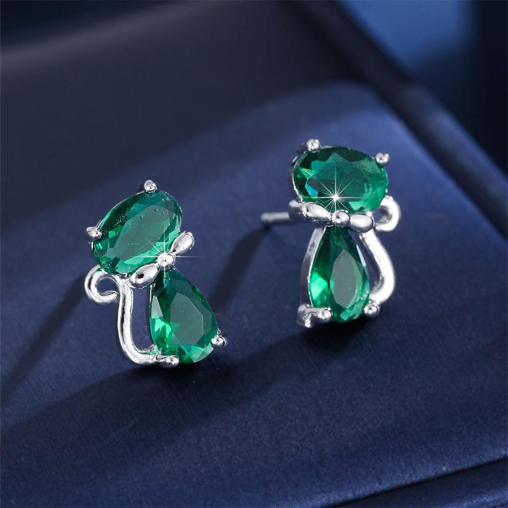 Rainbow Zircon Cute Green Small Cat Stud Earrings For Women Gold Silver Animal Ear Studs Wedding Jewelry Mother's Day Gift