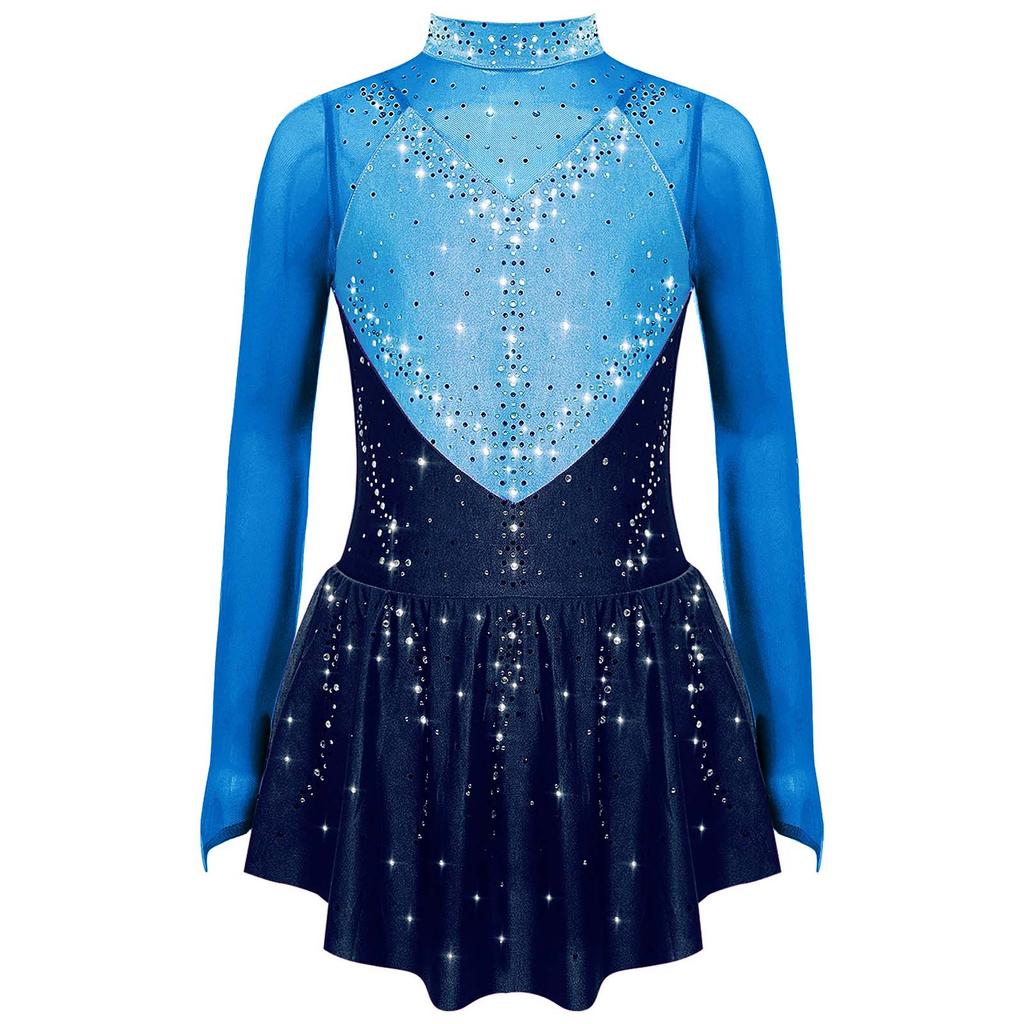 Robe Patinage Artistique Fille - Maille Fleurie Avec Diamants Et Manches Longues