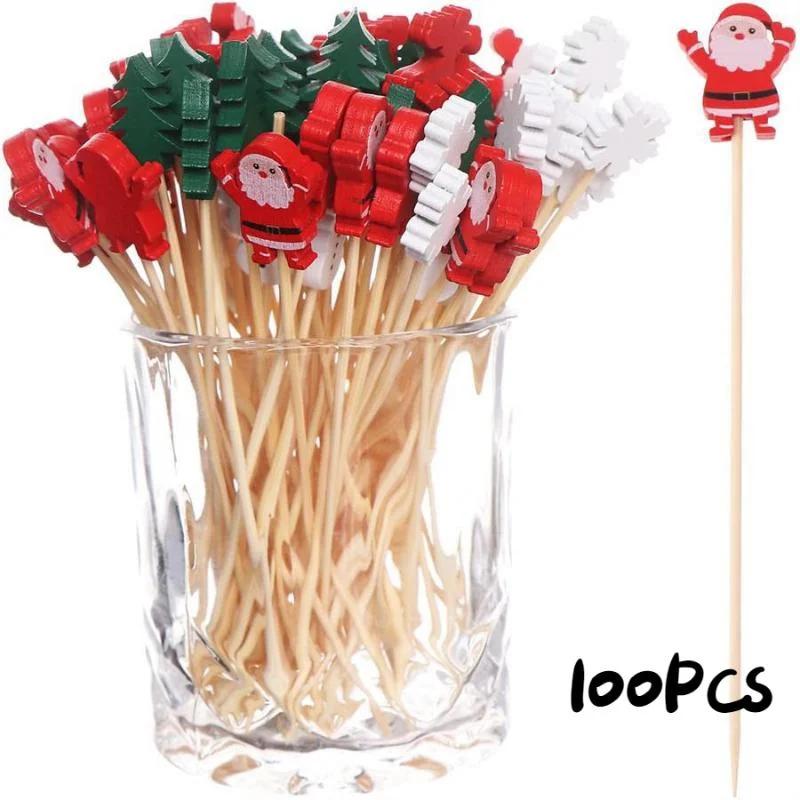 100Pcs Christmas Disposable Bamboo Skewers Food Picks Fruit Fork Party Cake Dessert Salad Sticks Toothpick Skewer
