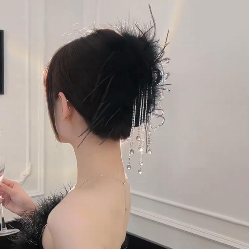 Black Feather Tassel 13Cm Claw Clip Women Hair Accessories For The Back Of The Head