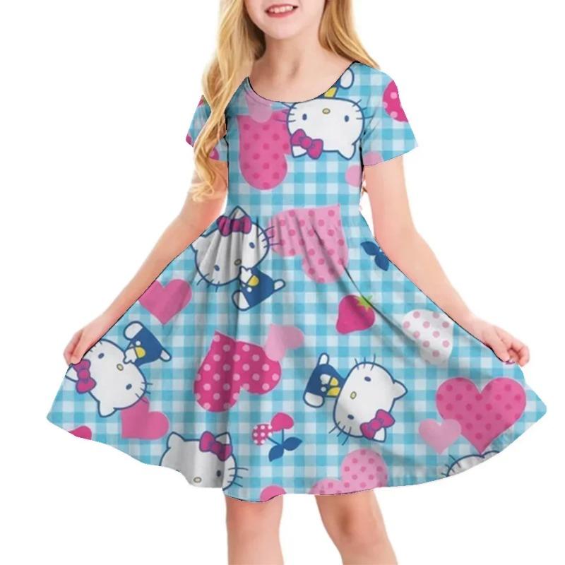 Hello Kitty Printed Children T Shirt Dresses Kuromi My Melody Girls Casual Dress Kids Cute Kitty