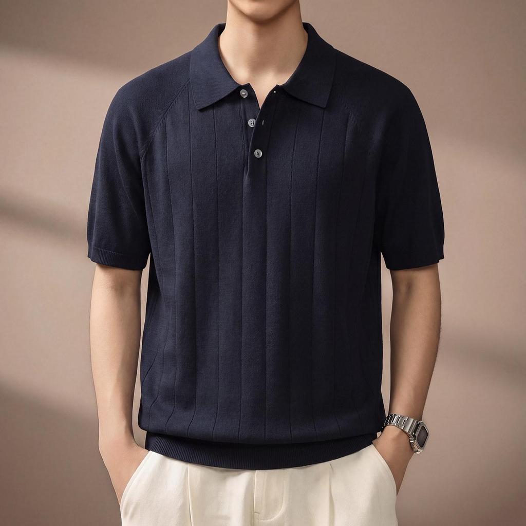 Men’s Luxury Textured Knit Polo Shirt – Ice Silk Short-Sleeve with Lapel