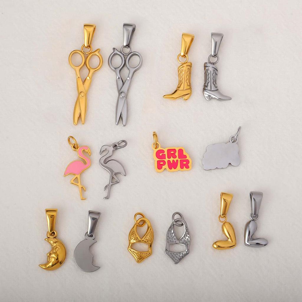 Fashion Enamel Girl Power Stainless Steel Pendant 18K Gold Silver Flamingo Scissors Boot Charms Jewelry Accessories