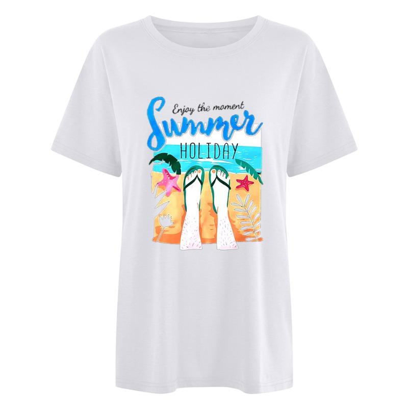Spring Summer Letter Beach Sea View Pattern Printed Women's Loose Casual Round Neck Pure Cotton Short Sleeved T-Shirts Women’s