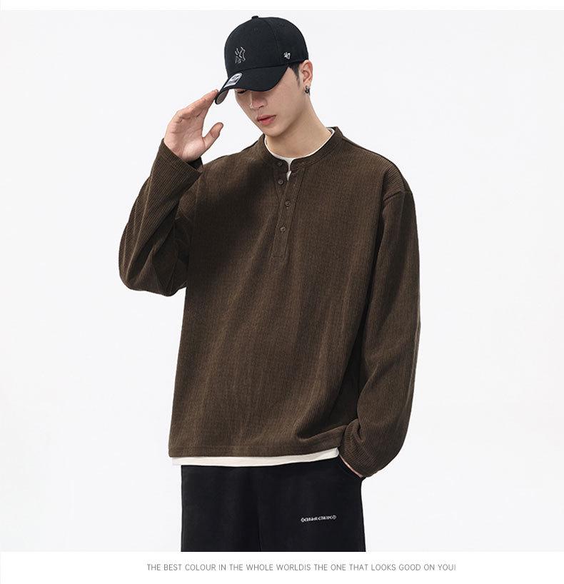 Men's Washed Two-Piece Look Long Sleeve American Streetwear Loose Heavyweight Plus Size Top 550