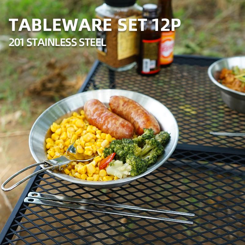 12-Piece Outdoor Tableware Set: Portable Camping Dinner Plates and Small Bowls for BBQ, Self-Driving Tours, and Home Use.