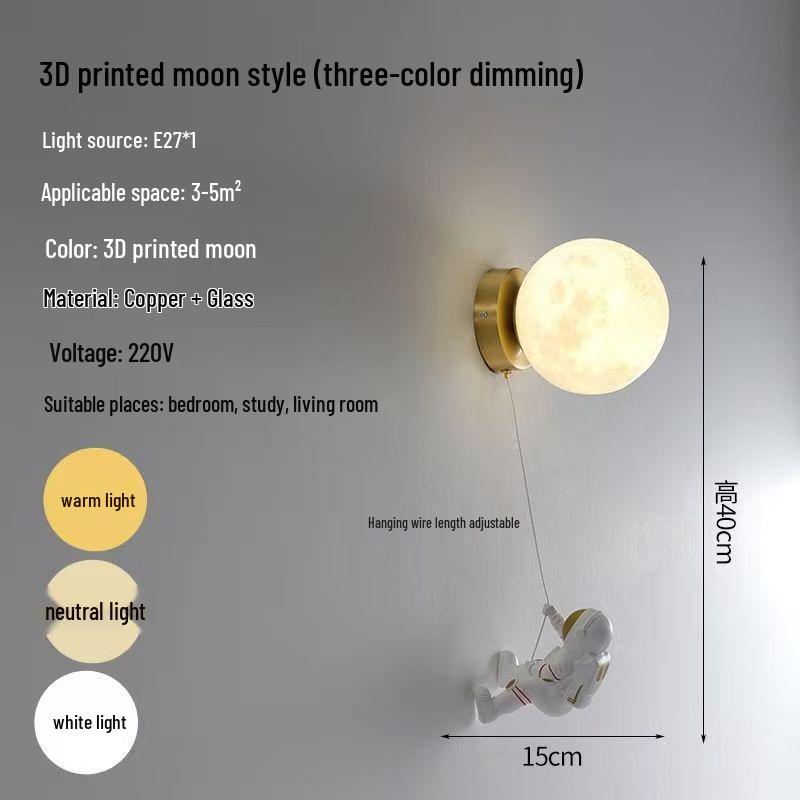 Nordic Modern Children's Astronaut Moon Wall Lamp - Minimalist Cartoon Bedroom Bedside Light
