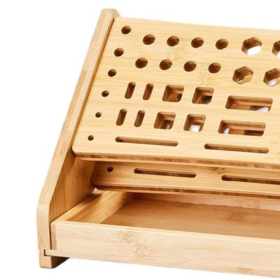 Screwdriver Organizer 53-Hole Wooden Storage Rack With Tray Hand Tool Organizer For Hobby Repair Desktop Bookshelf Pegboard