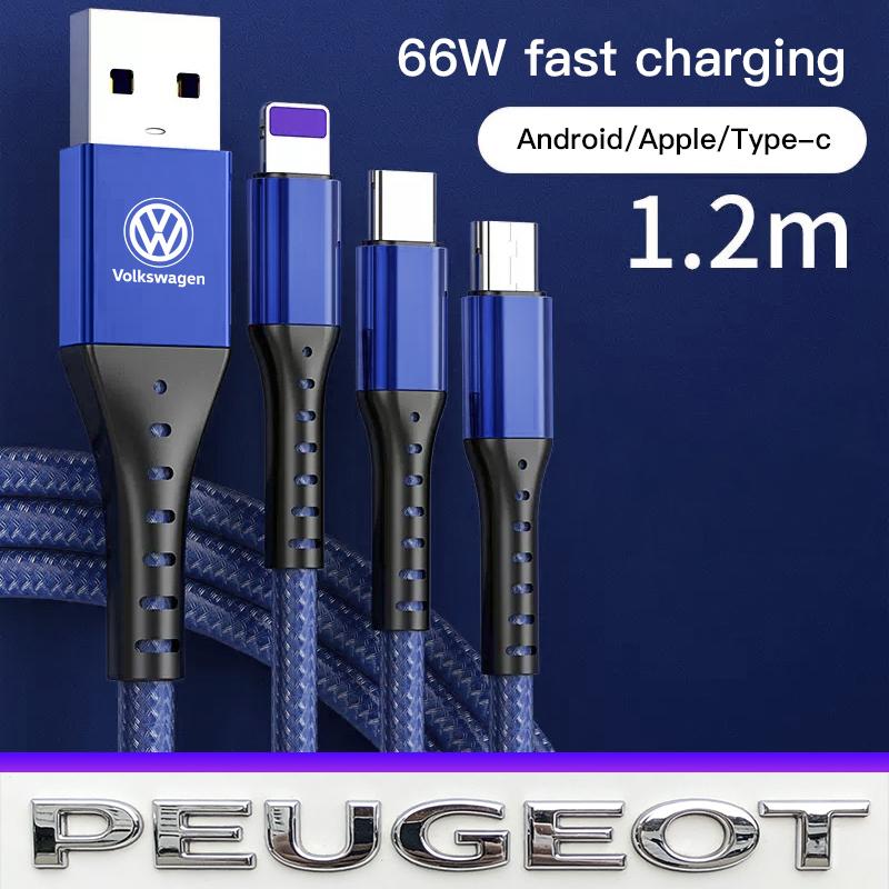 USB Car 3-in-1 Phone Charging Cable Auto Accessories Valve Cap For VW Golf Amarok T5 Phaeton Teramont ID3 Tiguan T-Cross Passat