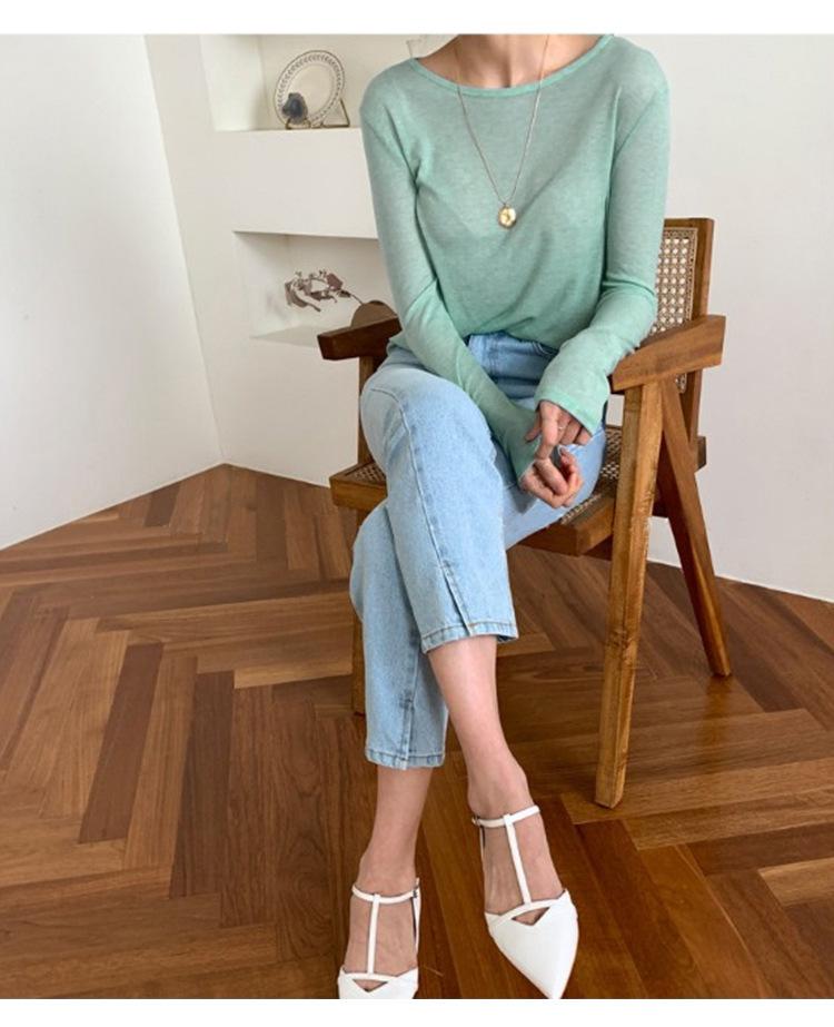 Women's Refreshing Mint Green Sheer Long-Sleeve Round Neck T-Shirt with Same-Day Shipping
