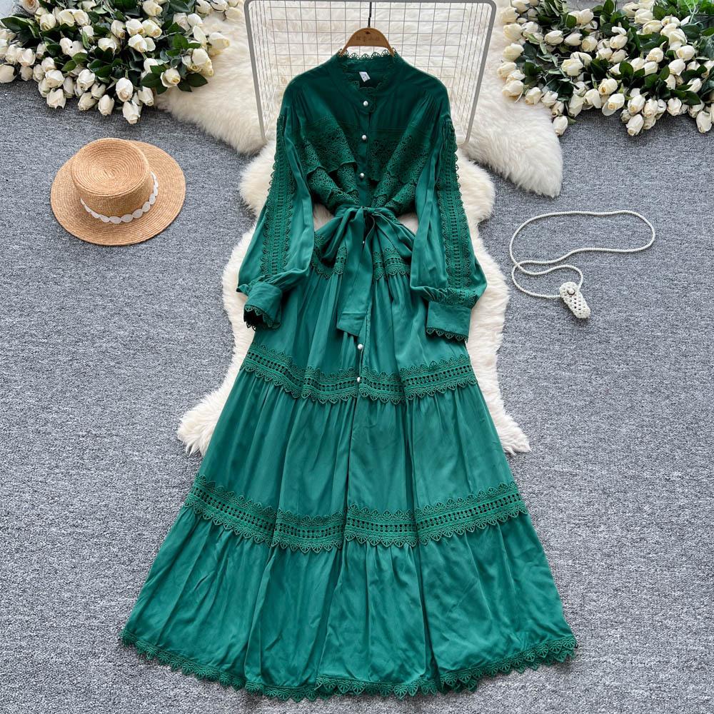 Retro court style lantern sleeve dress women's summer hollow crochet single-breasted light mature temperament royal sister long skirt
