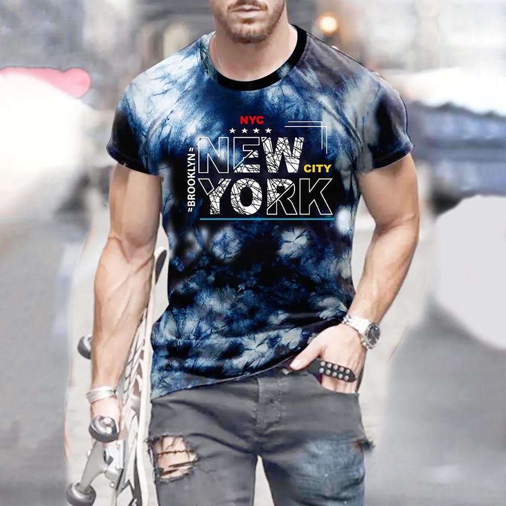 Men's T-shirt NEW YORK Alphabet Print Gradient Casual Comfy Short Sleeved Tees For Summer Oversized Men's Clothing Tops Outdoor
