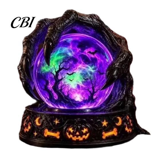 Halloween Table Decor LED Lighted Faux Crystal Ball Decoration, Resin Witch/Skeleton/Cat/Ghost Figurine with Unique Gift for Friends Green/Purple