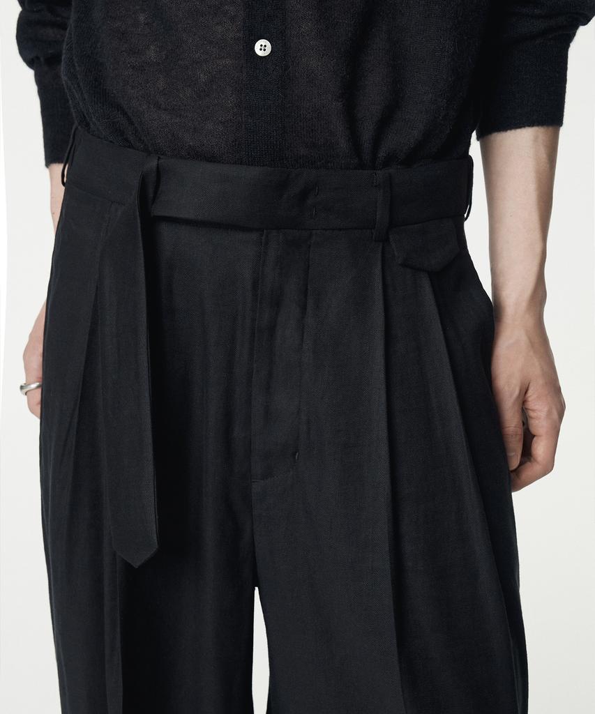 UMARMUNG Elastic Linen Belted Pants_Black