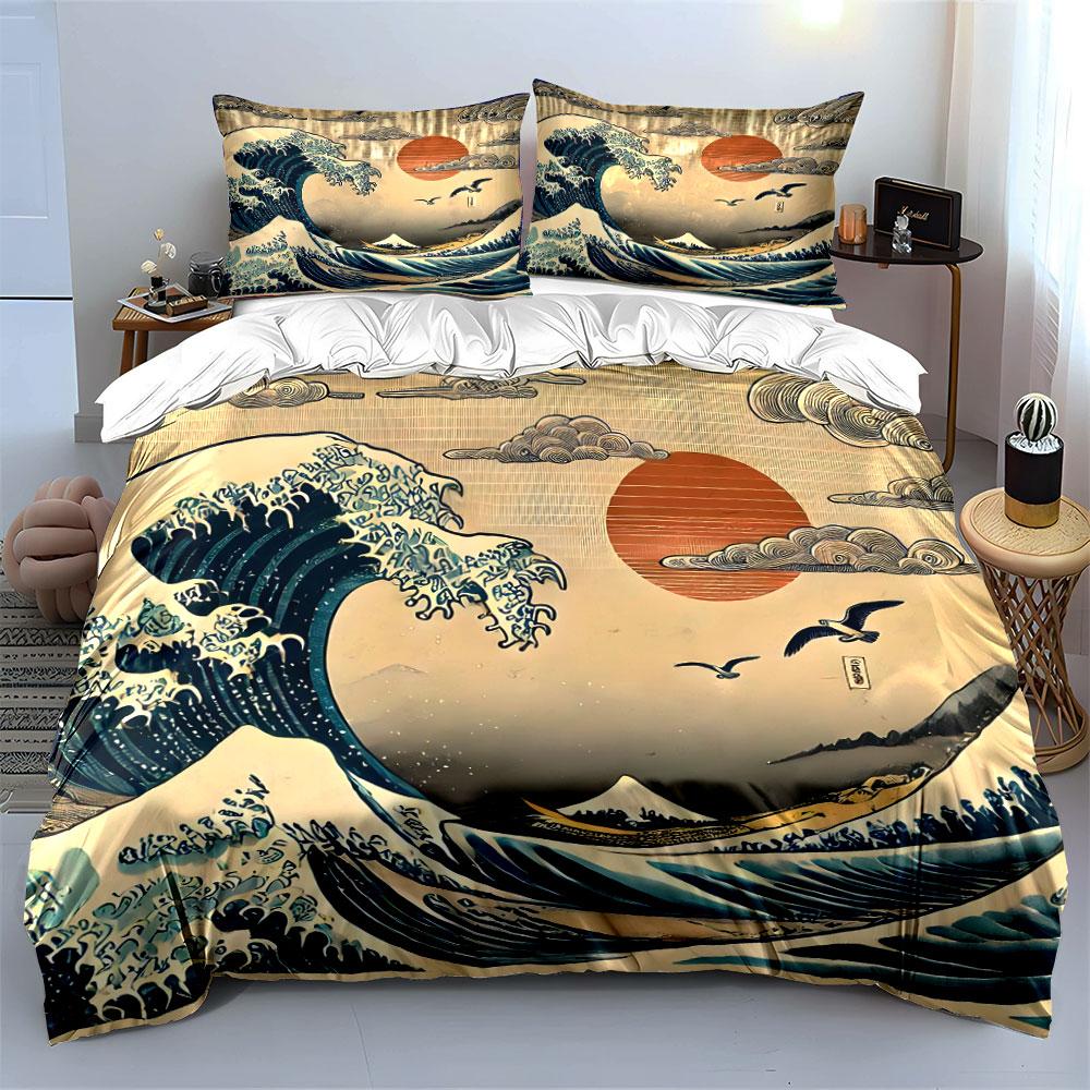 Classic Japanese Great Wave And Peaks Print Bedding Set 1 Duvet Cover 2Pillowcases For Adult And Children Luxury Gift Full Size