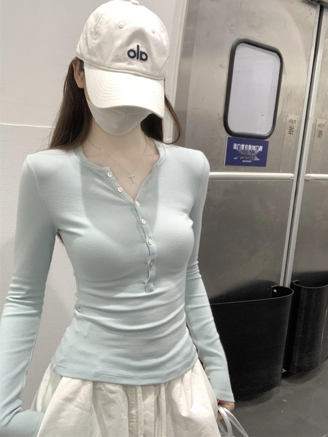 Women s Mousse Imitation Cashmere Slim Fit Henley Long Sleeve Top - Autumn/Winter Large синий