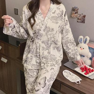 Dámské kimono pyžamo: Jarní/Podzimní Kardigan s V-výstřihem v japonském stylu s dlouhým rukávem a kalhotami, roztomilý a sladký pro domácí nošení