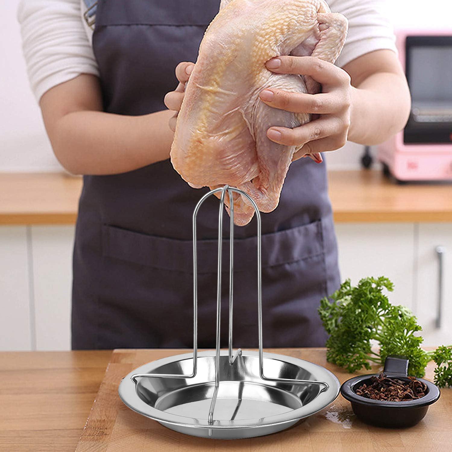 

Підставка для гриля для смаження курки Стійка для смаження з піддоном Кухня На відкритому повітрі Інструменти для барбекю з нержавіючої сталі Антипригарна тарілка для курки-гриль срібний