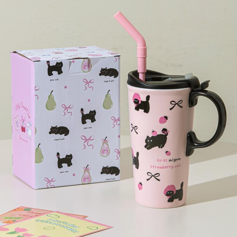 

Милая кошка керамическая кружка с соломинкой, высокая ценность, большая вместимость, чашка для воды, офис и дом, подарок на день рождения для девочки about 520ml