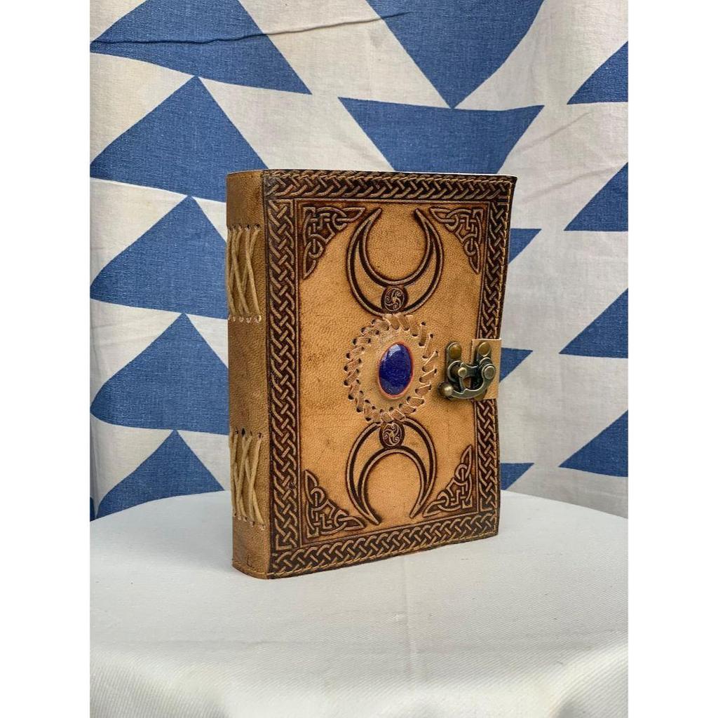 Antique Triple Moon Leather Journal with Semi Precious Stone Design, Antique Deckle Edge Paper - Book of Shadows, Grimoire Journal,