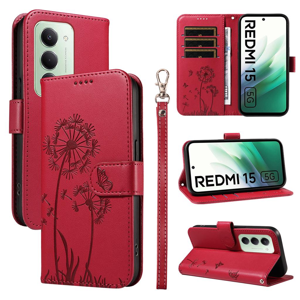 For Xiaomi Redmi 15 5G (Global) (169mm) Leather Wallet Case with Strap Dandelion Imprint Phone Stand Cover