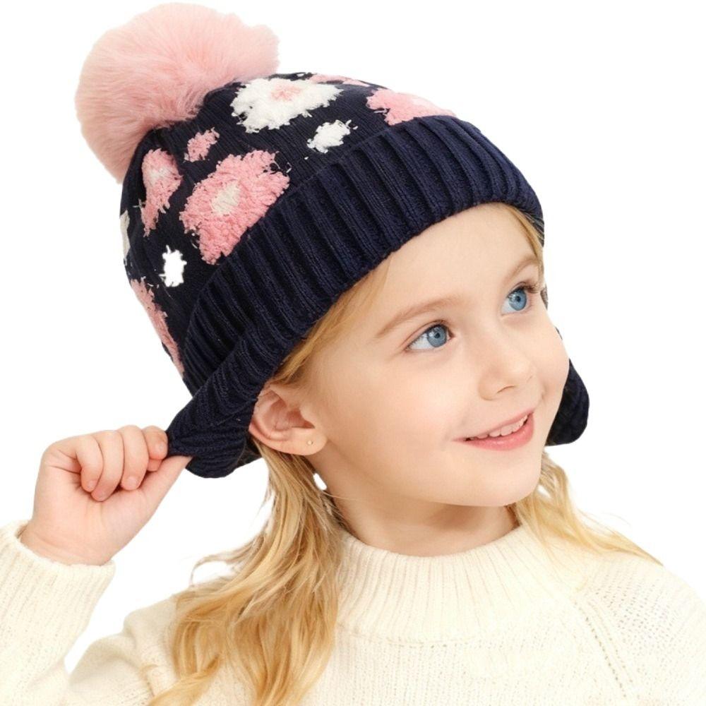 Winter Flower Ear Protector Hat Kids Warm Pompom Knitted Hats Toddler Bonnet  Children's Outdoor