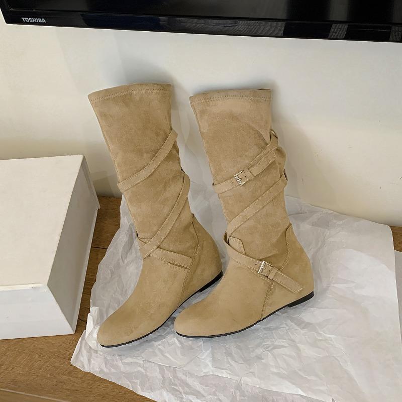 

Увеличение роста см~ Мягкие плиссированные ботфорты со скрещенными ремнями, женские ботинки средней и высокой высоты с круглым носком, универсальные ковбойские сапоги в западном стиле, длинные сапоги 40