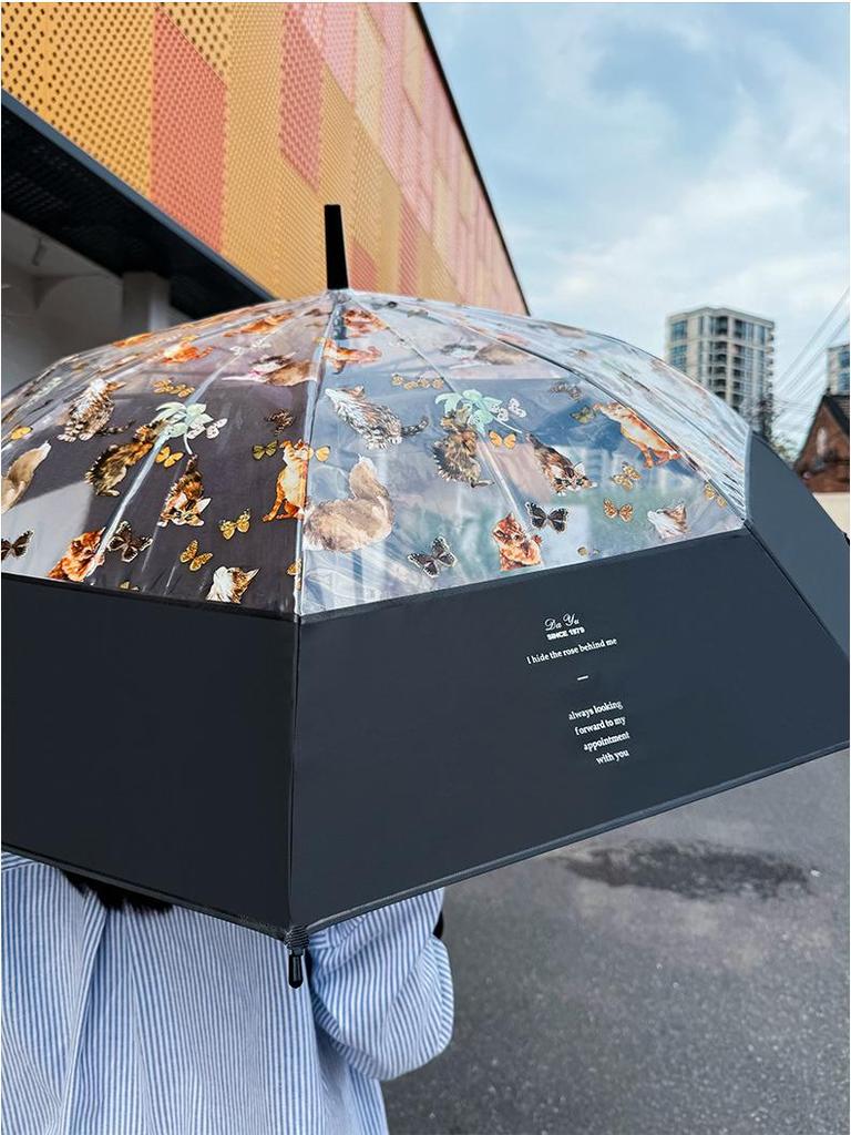 Umbrelă Transparentă Drăguță cu Pisici - Elegantă Semi-Automată cu Mâner Lung pentru Femei