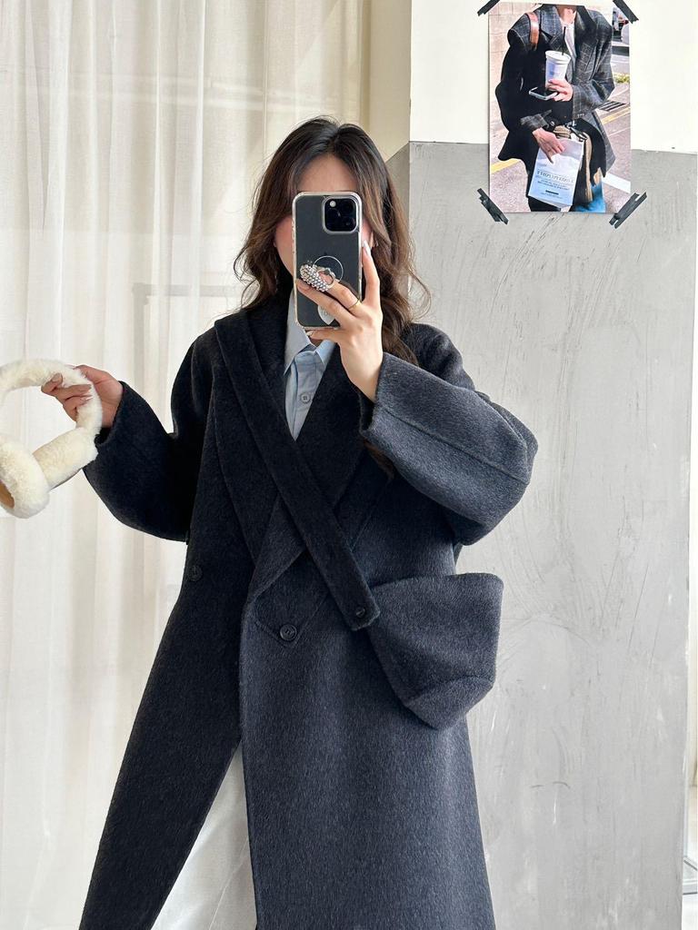 2025 Autumn/Winter Women's Extra Long Petite Double-Faced Wool Korean Style Coat with Suit Collar