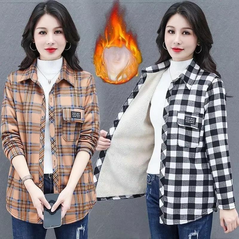 Middle Aged Women Shirt Tops Add Velvet Thicken Warm Plaid Shirt Spring Autumn Winter Casual Shirt Jacket Bottoming Shirt