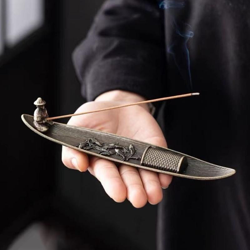 Incenses Stick Holder with Fishing Design Antique Alloy Incenses Burners Censers For Meditations And Home Decorative Use